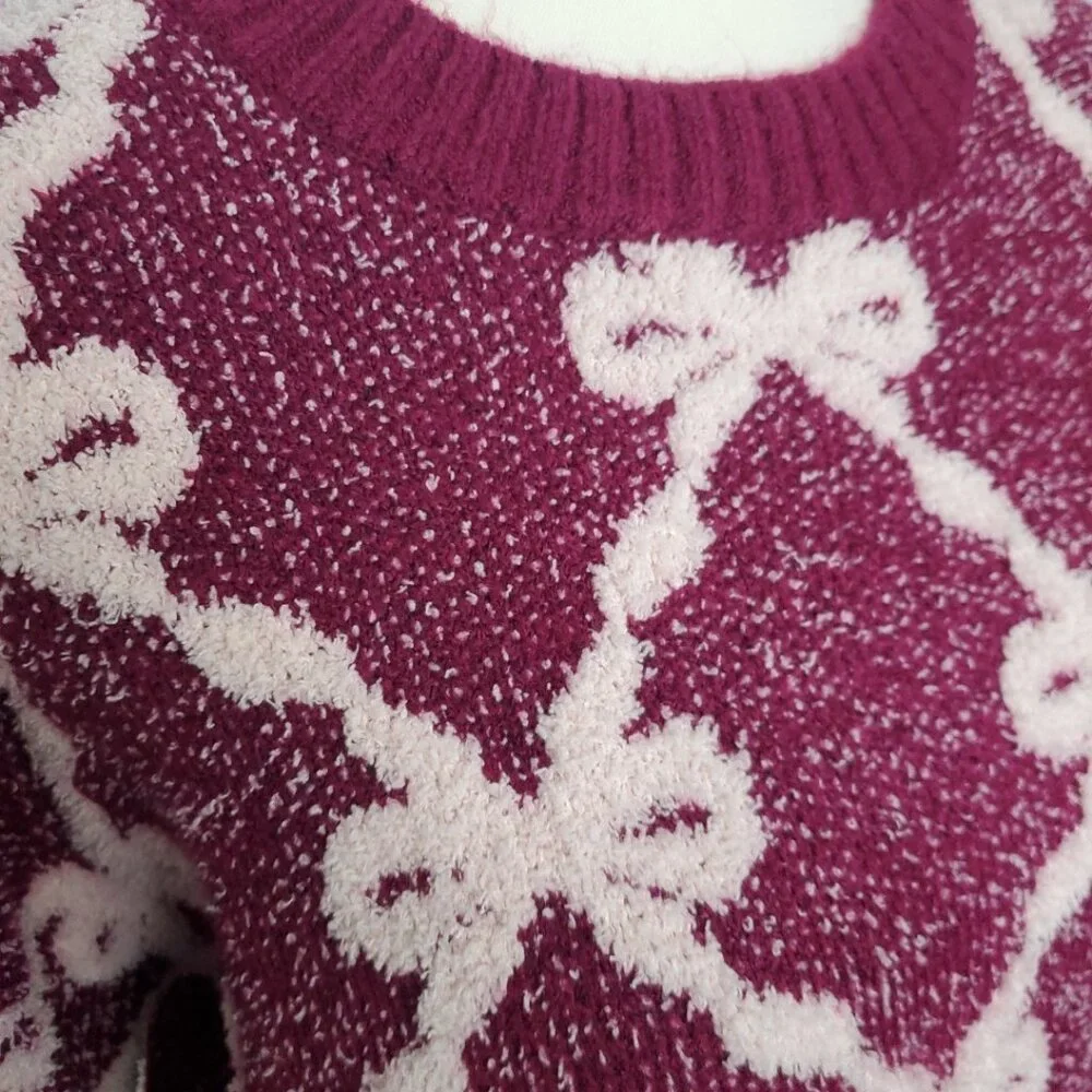 Derek Heart Cropped Bow Sweater Womens Size Large Soft Warm Comfy Preppy Purple - Picture 2 of 11